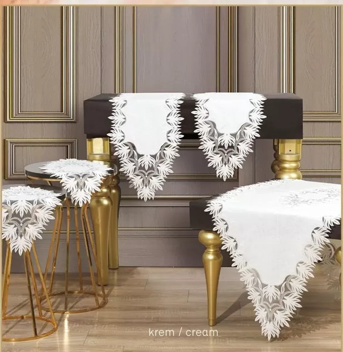Salon Takımı 5 Parça Dantelli Keten Masa Örtüsü Runner Seti Samina Model Krem-Krem görsel 4