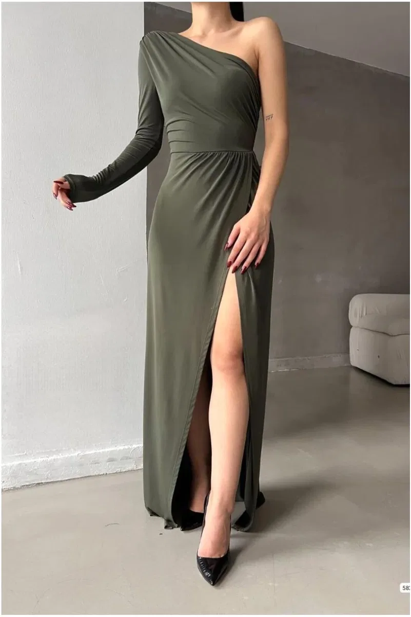 Kadın Modern Stil Saten Kumaş Tek Omuz Dekolteli Maxi Abiye Elbise görsel 6