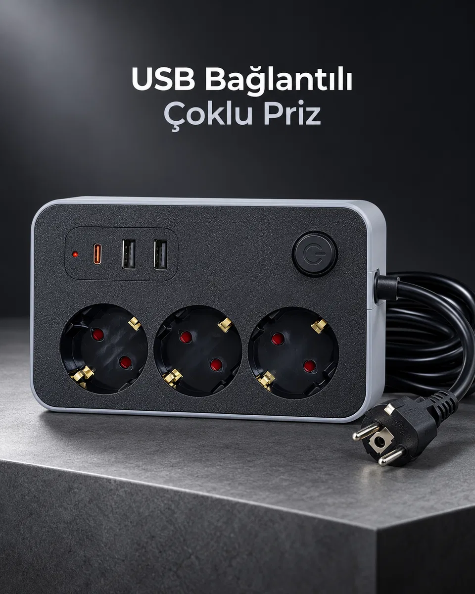 Çalışma Alanlarına Uygun Anahtarlı USB ve Type C Şarj Çıkışlı Kablolu Çoklu Priz