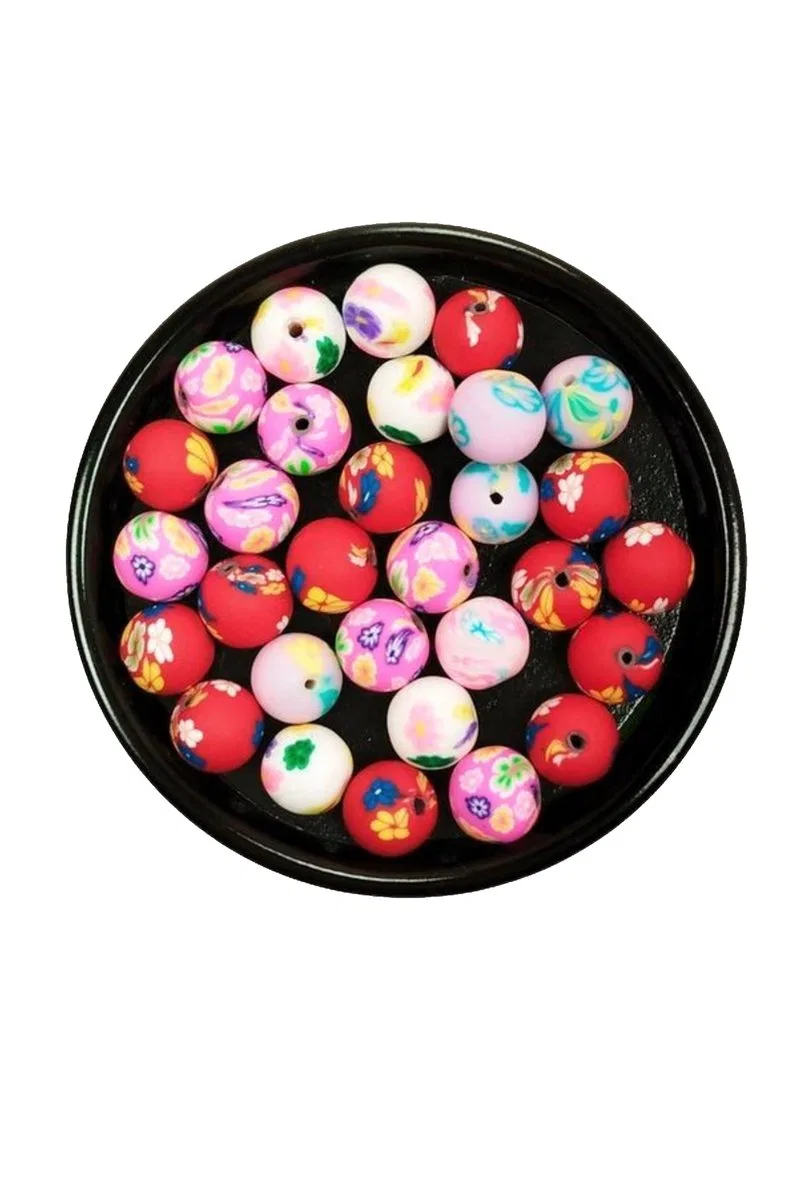 90 Adet 10 mm Polimer Kil Fimo Boncuk Takı Bileklik + 5 Metre Lastikli Misina Hediye - Desenli Yuvarlak görsel 3