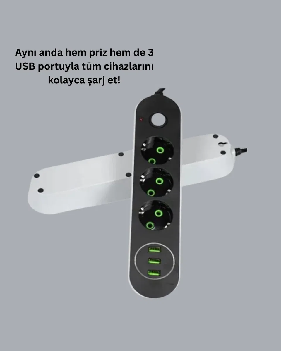 Akım Korumalı Anahtarlı USB Girişli Üçlü Priz görsel 2