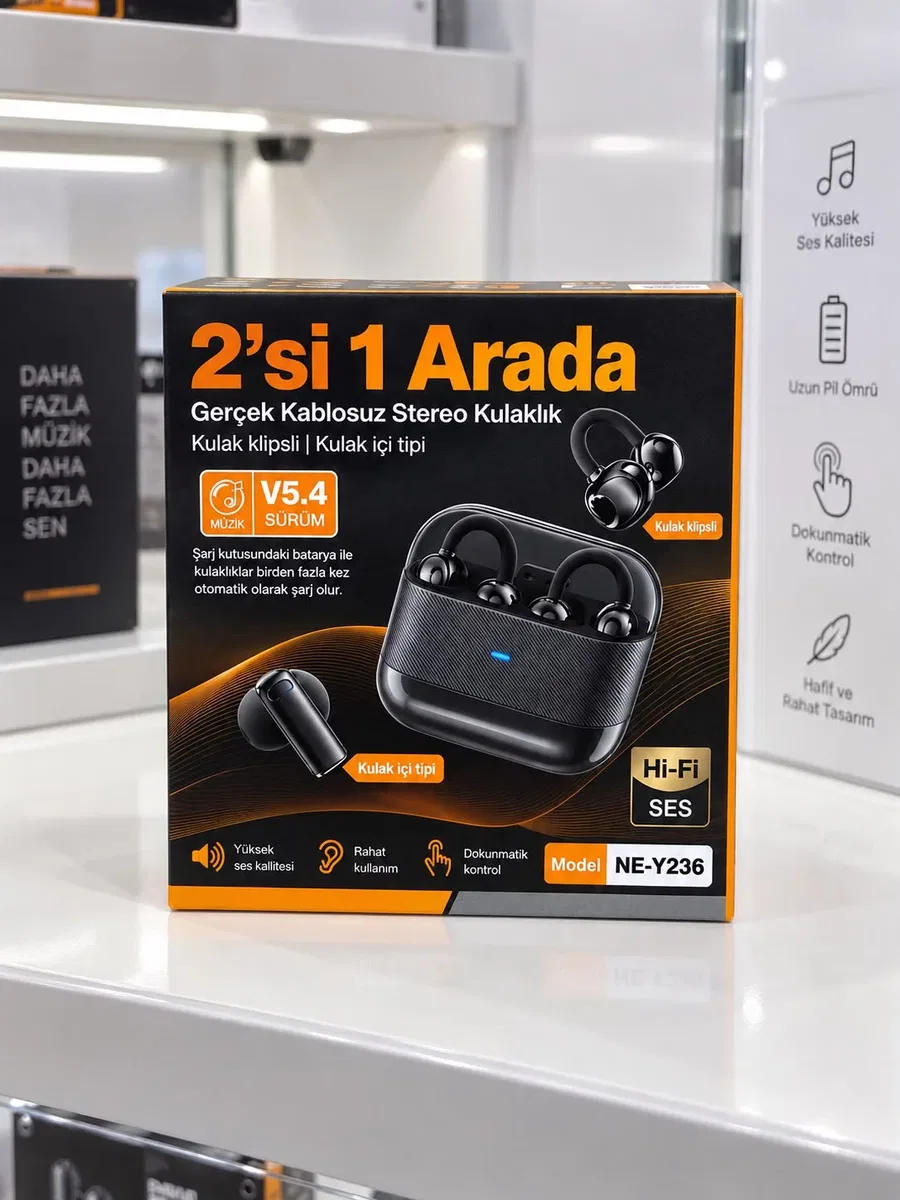 2’si 1 Arada Kablosuz Bluetooth Kulaklık 4 Kulaklıklı Klipsli ve Kulak İçi Tasarım Hi Fi Ses Dokunmatik Kontrol V5. 4 Şarj Kutulu Siyah