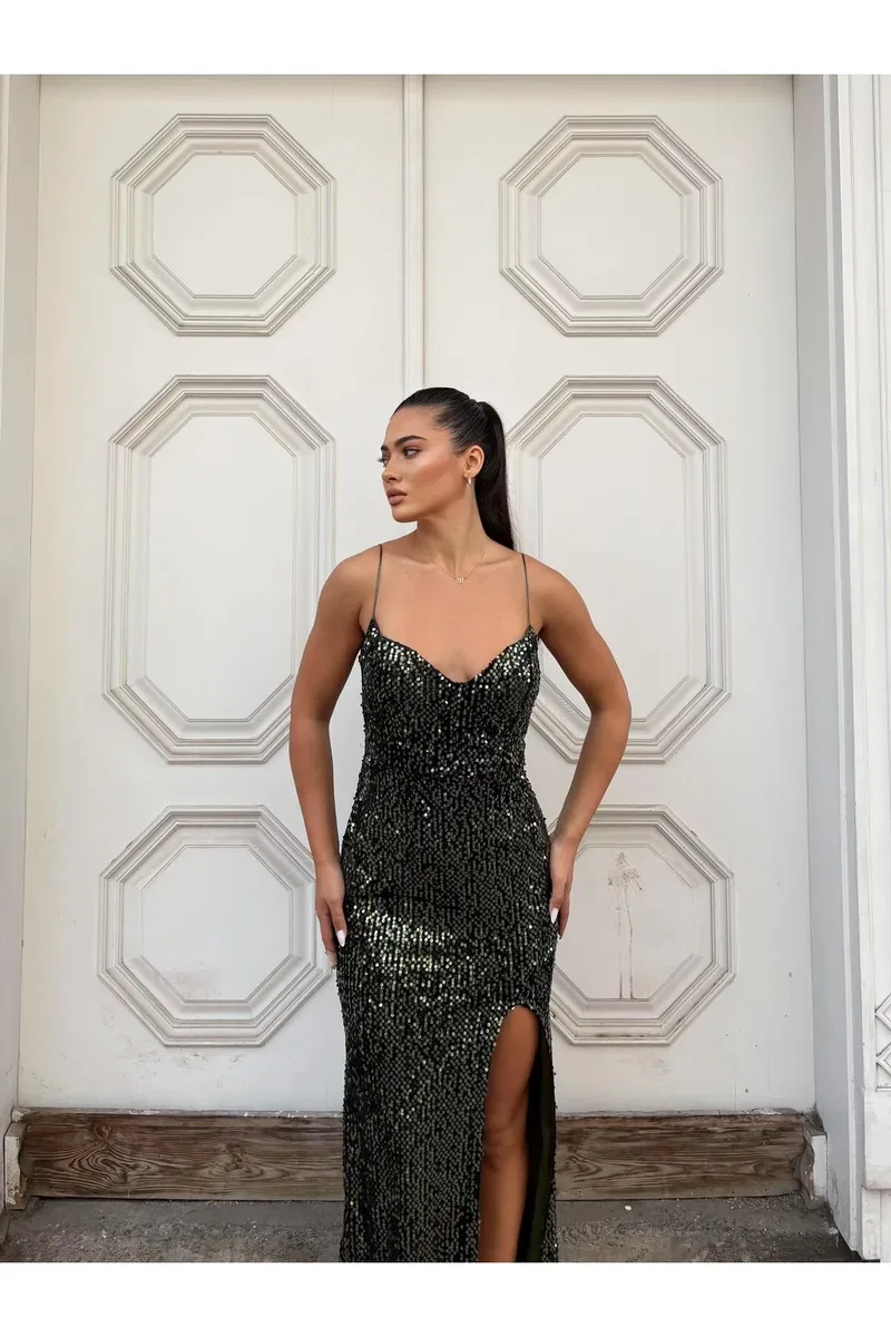 Kadın Şık Model V Yaka Askılı Dokulu Fitted Abiye Elbise görsel 7