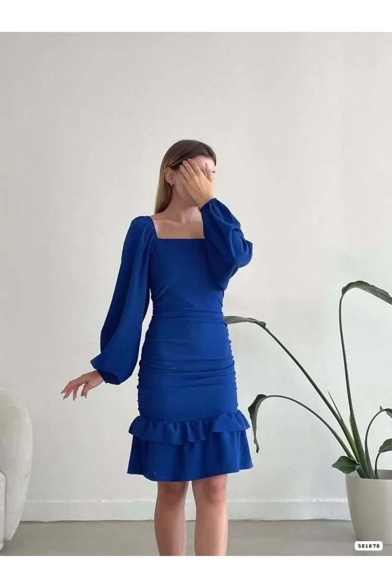 Kadın Şık Model Kare Yaka Uzun Kol Elbise görsel 8