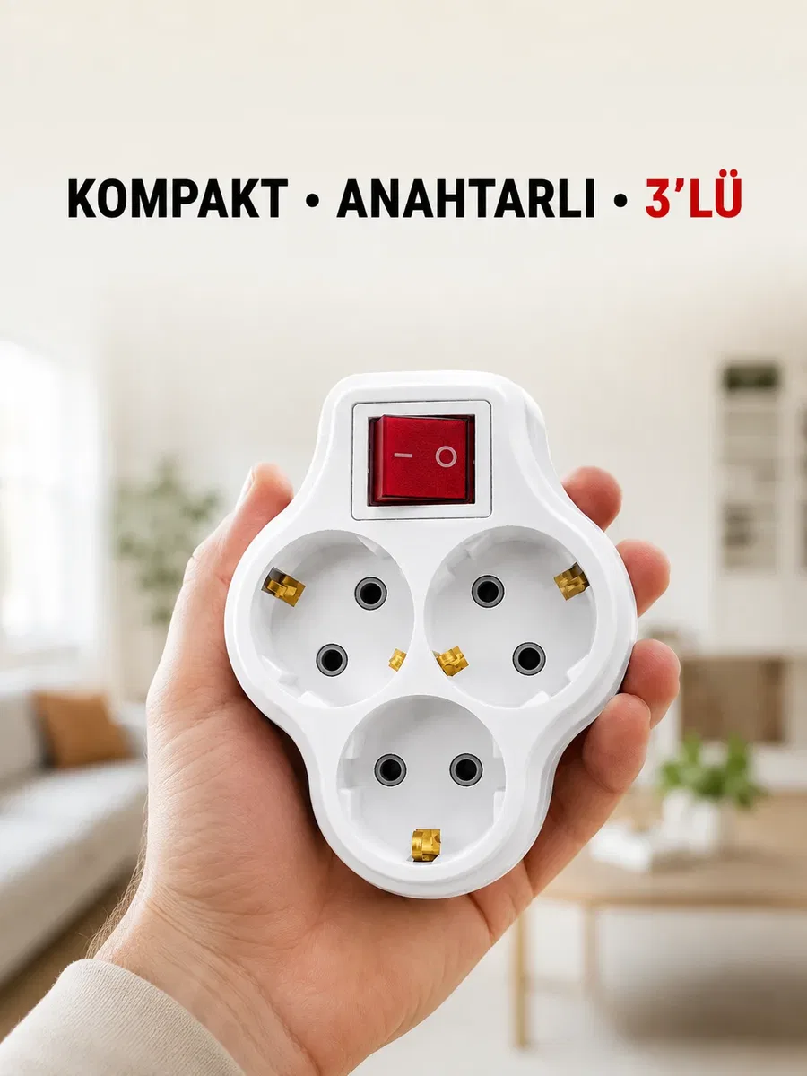 Anahtarlı 3’lü Priz Çoğaltıcı Kablosuz Duvar Tipi Topraklı Priz Çoklayıcı