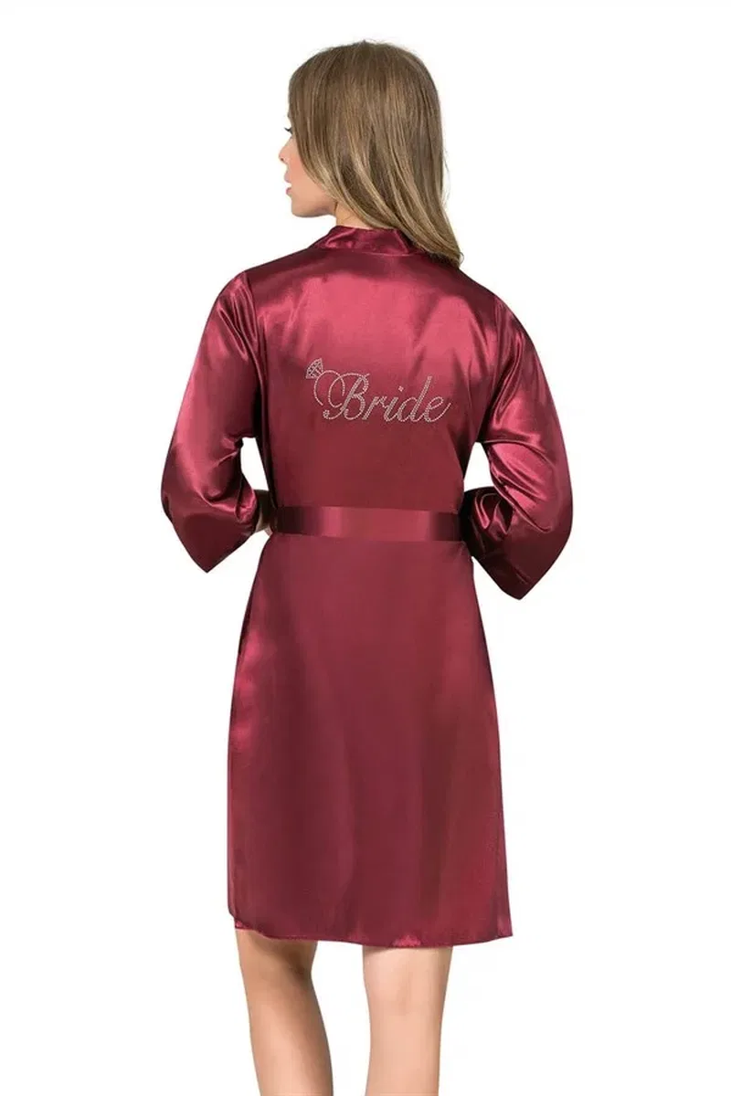 Şık Tasarım Yumuşak Dokulu Bordo Kısa Saten Bride Sabahlık