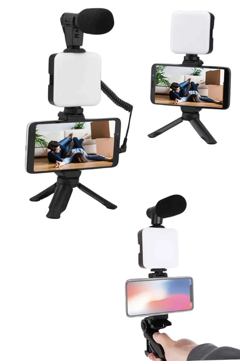 Akıllı Telefon Vlog Kiti Tripod Mini Mikrofonlu Telefon Tutucu görsel 4