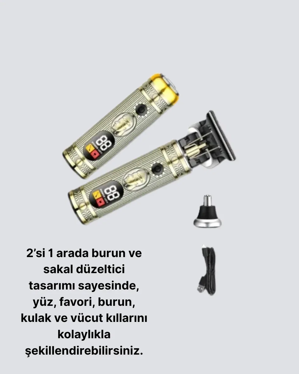 T Bıçaklı Profesyonel Saç ve Sakal Düzeltici – 8 Kılavuz Tarağı, 2’si 1 Arada Burun ve Sakal Trimmer görsel 2