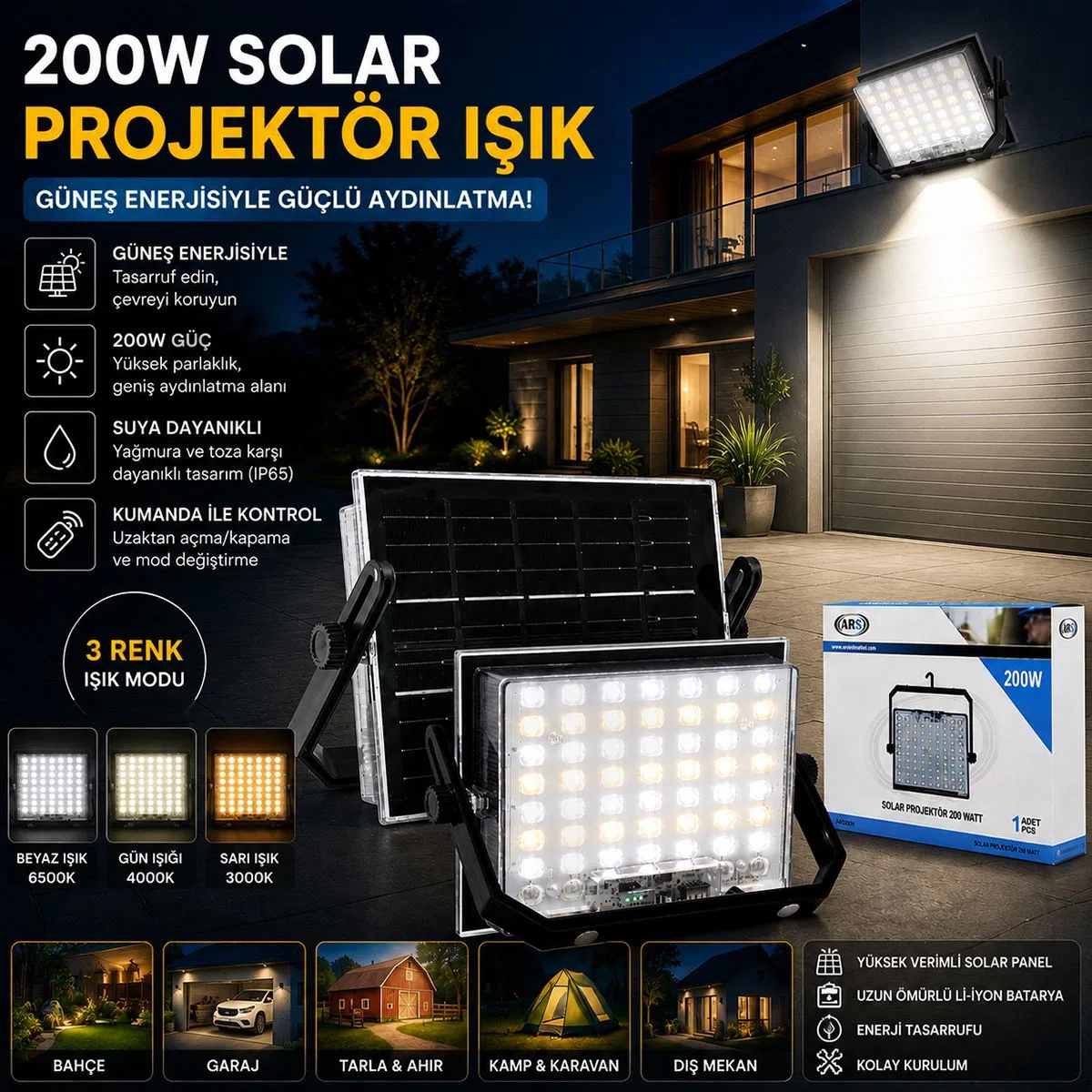 200W Güneş Enerjili LED Projektör - Kamp & Dış Mekan görsel 3