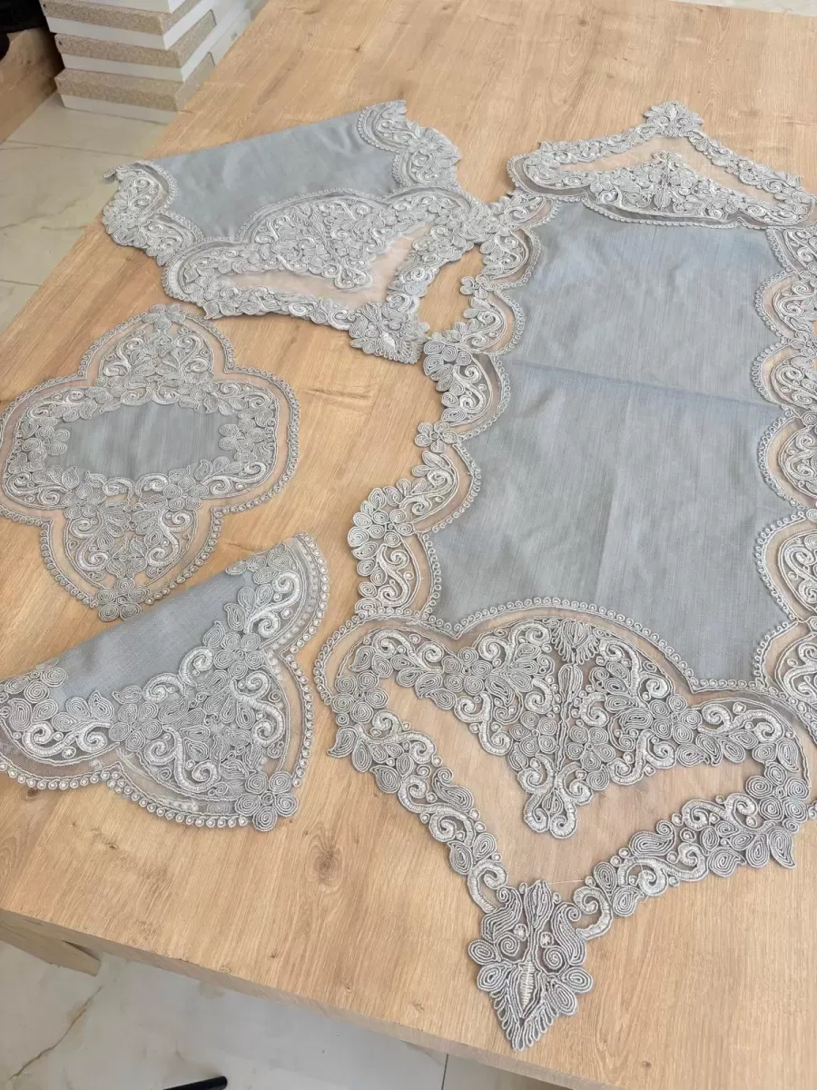 Salon Takımı Çeyizlik Gri Runner Set 5 Parça Keten Masa Örtüsü Runneri Gerdan görsel 3