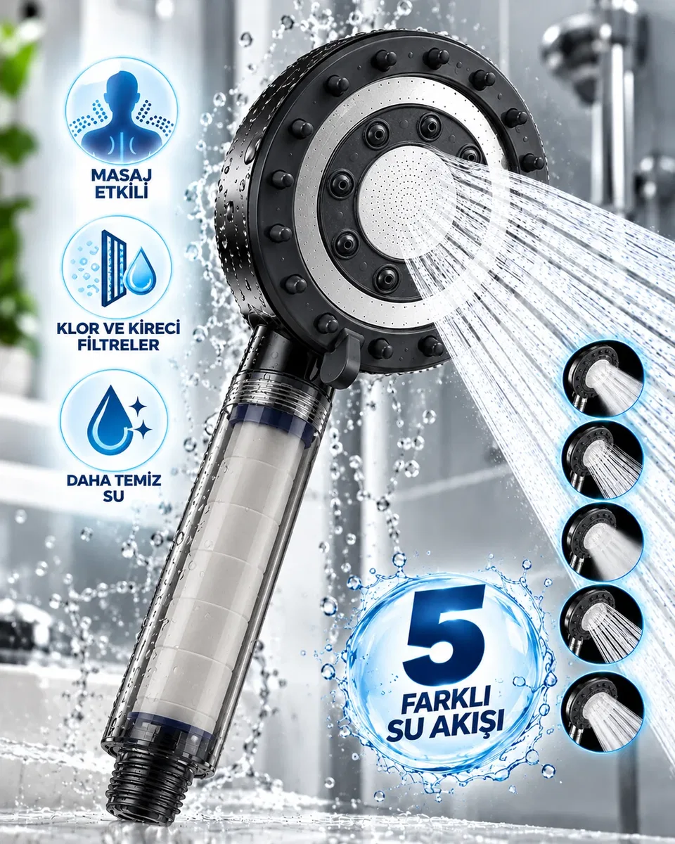 Masaj Etkili Filtreli Duş Başlığı 5 Fonksiyonlu Yağmur Sis Geniş Karışık Su Akışı