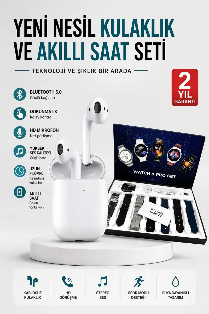 2025 Model Akıllı Saat ve 2. Nesil TWS Bluetooth Kulaklık Yüksek Ses Kaliteli