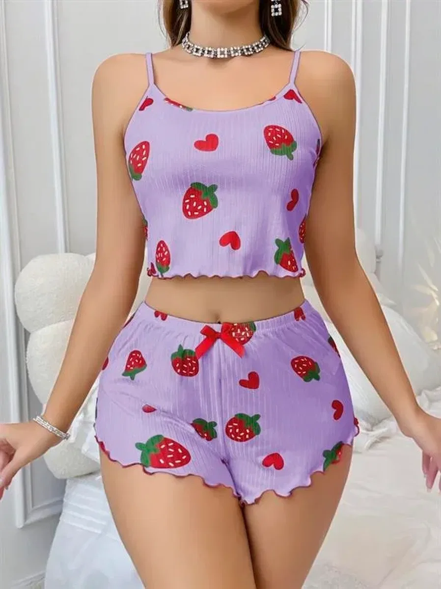 Pamuklu Lila Üstüne Çilek Desen Fitilli Askılı Şortlu Pijama Takımı görsel 2