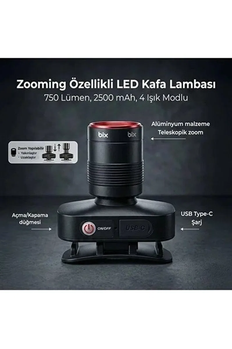 Bxt1fl 10w Şarj Edilebilir Kafa Feneri 750 Lümen 2500mah 4 Işık Modlu Zoom Özellikli Led Kafa görsel 4