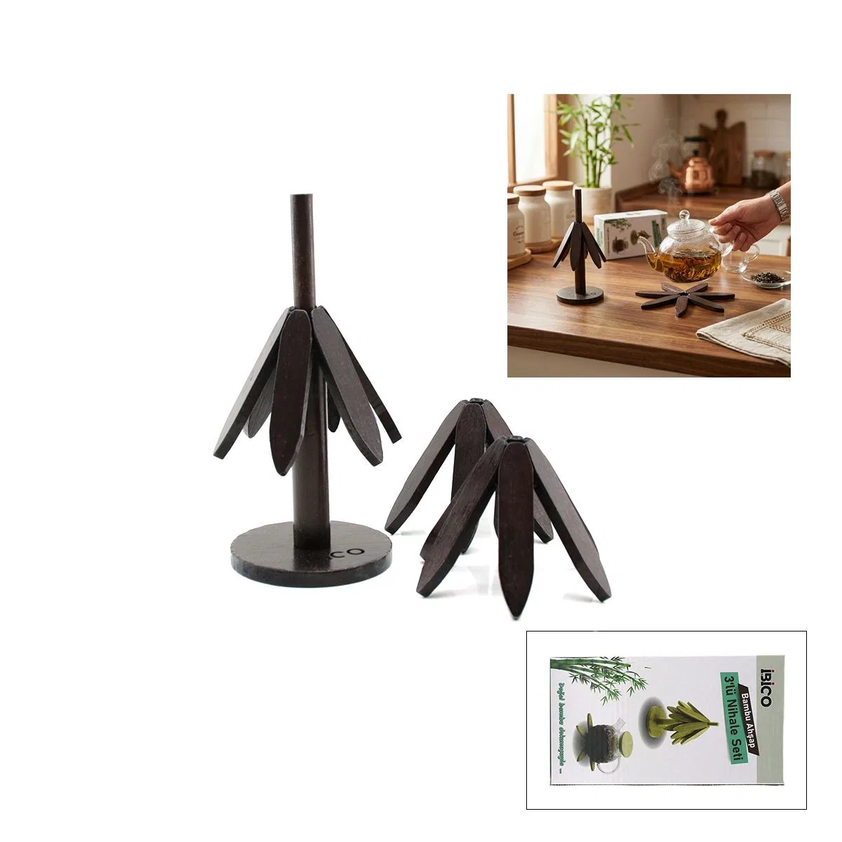 Bambu Ahşap Katlanır Nihale 20 cm - Standlı, Yaprak Desenli (2'li) görsel 2