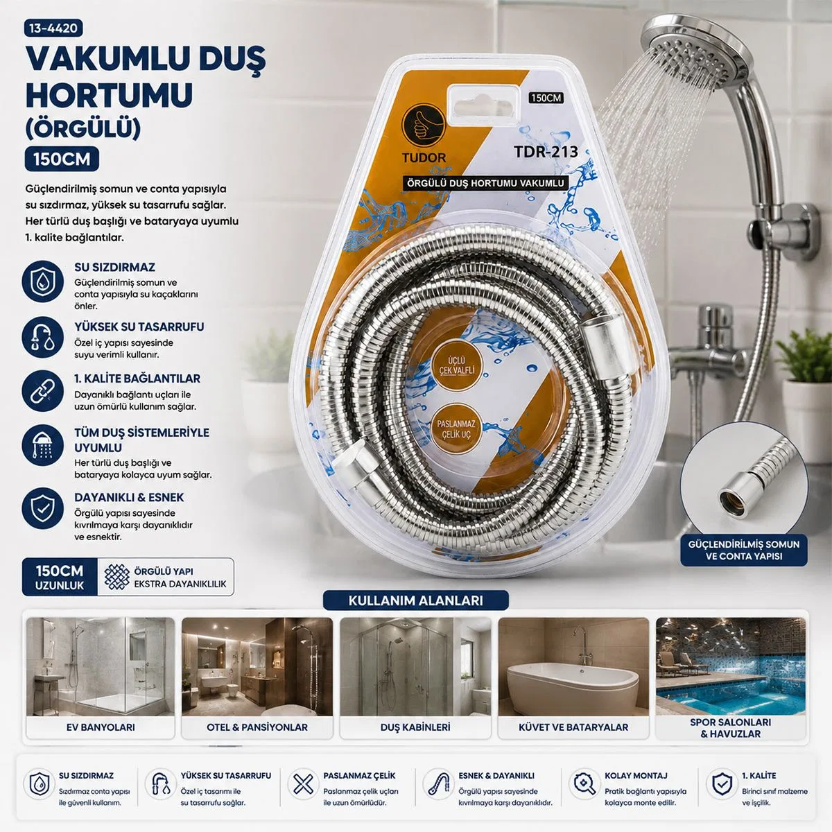 Krom Örgülü Vakumlu Duş Hortumu 150 cm görsel 2