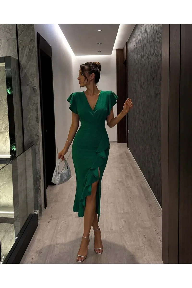 Kadın Vintage V Yaka Kısa Kol Balık Kesim Abiye Elbise görsel 3