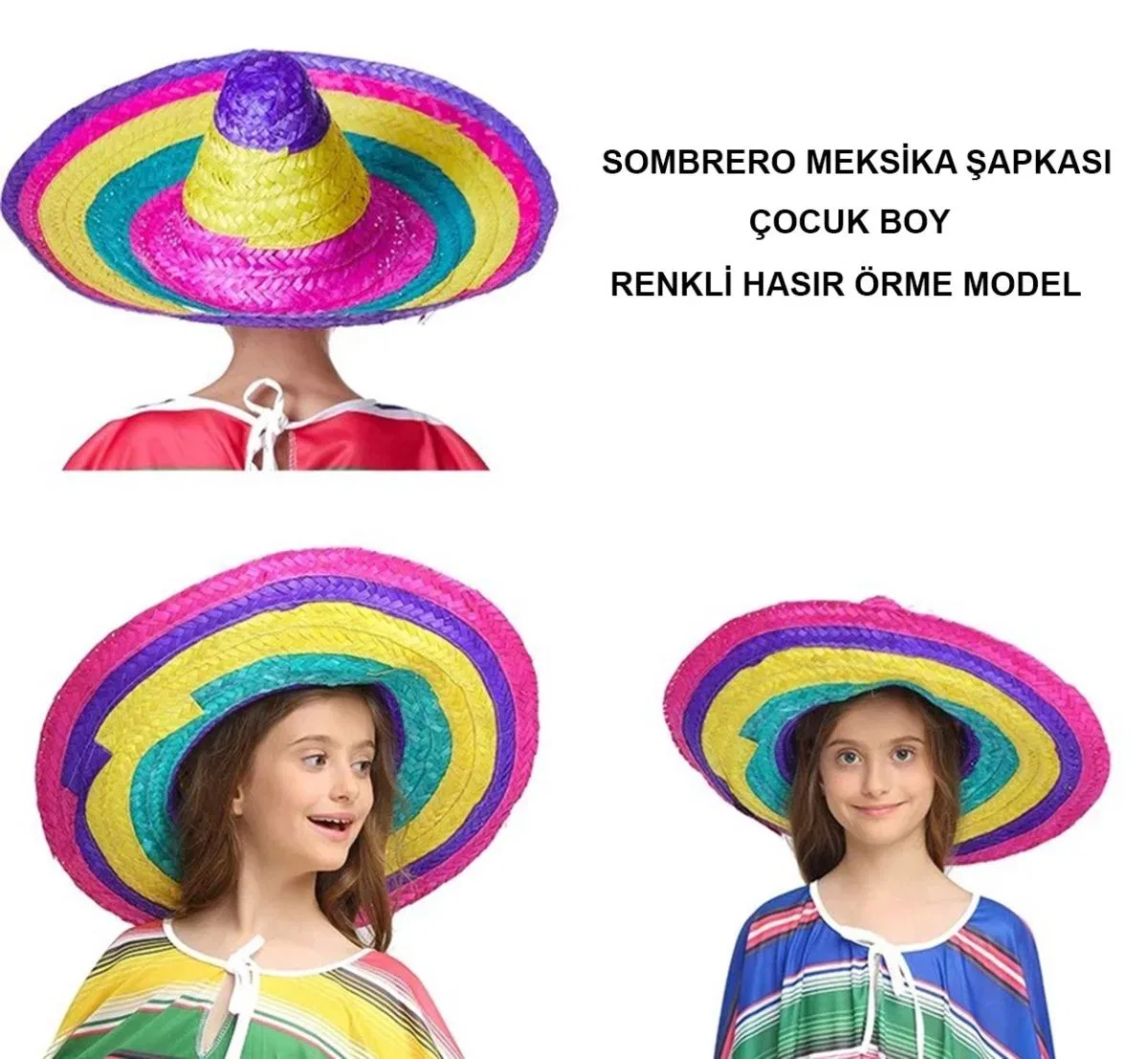 Sombrero Meksika Şapkası Renkli Örme Hasır Çocuk Boy görsel 5