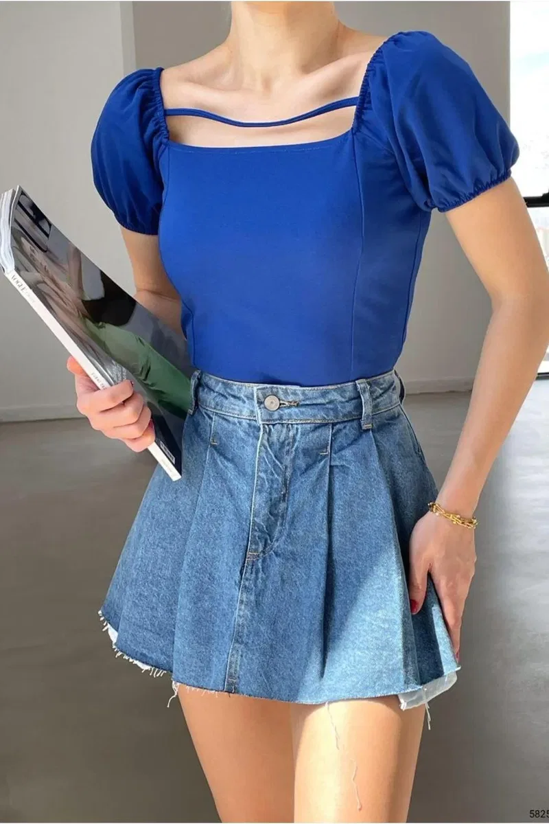 Kadın Krep Kumaş Kare Yaka Askılı Bluz görsel 6