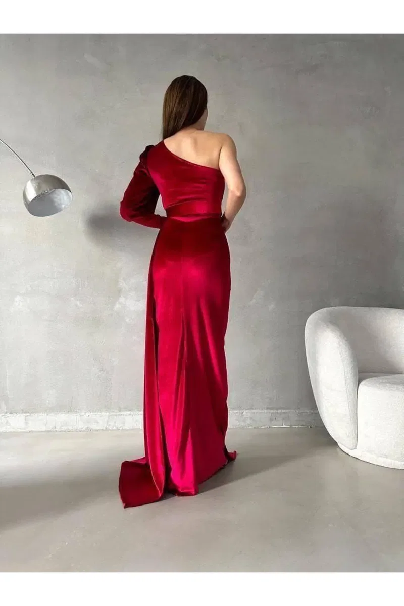 Kadın İnce Tek Omuz Tek Kol Omzu Açık Maxi Abiye Elbise görsel 8