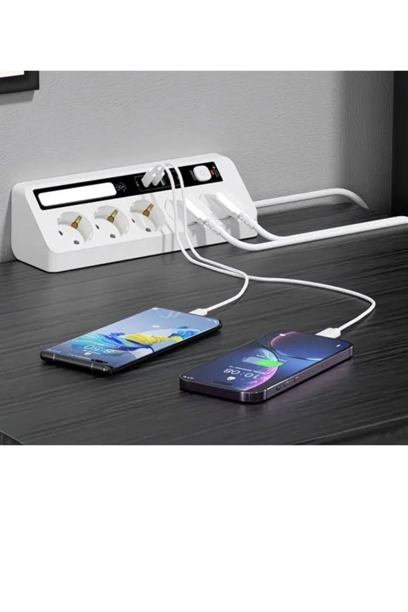5’li Akım Korumalı Priz 2500w | 2 Usb + 2 Type-c Hızlı Şarj | Led Gece Lambalı | Dokunmatik Beyaz görsel 3