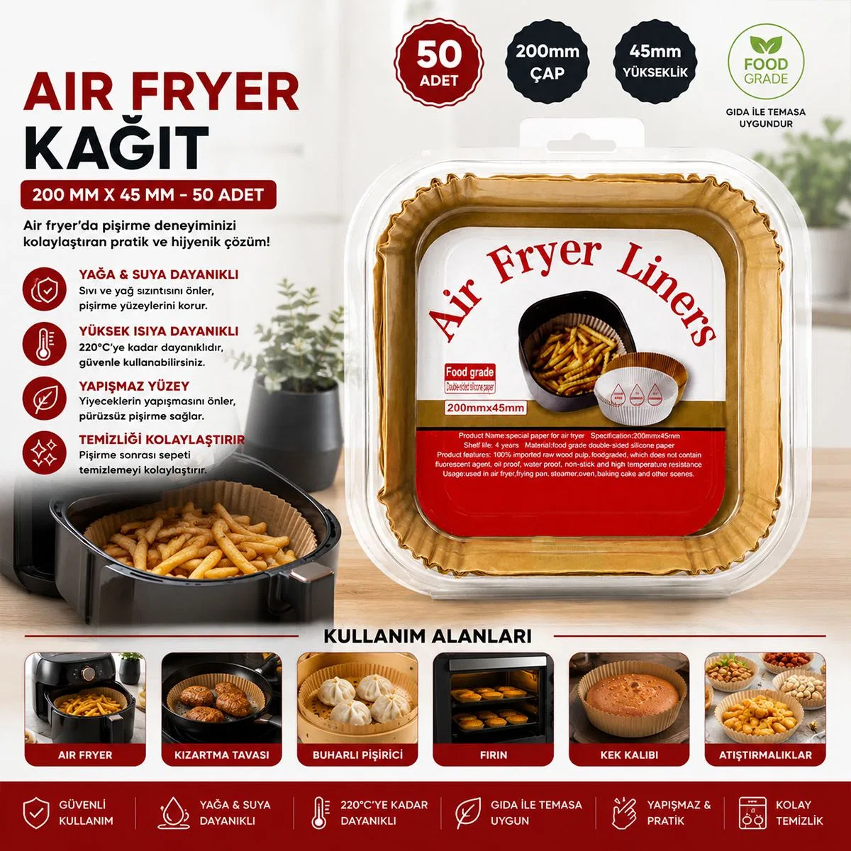 Air Fryer Kağıt Pişirme Kalıbı (Kare, Taban 20cm, Kenar 4. 5cm) 50'li görsel 2