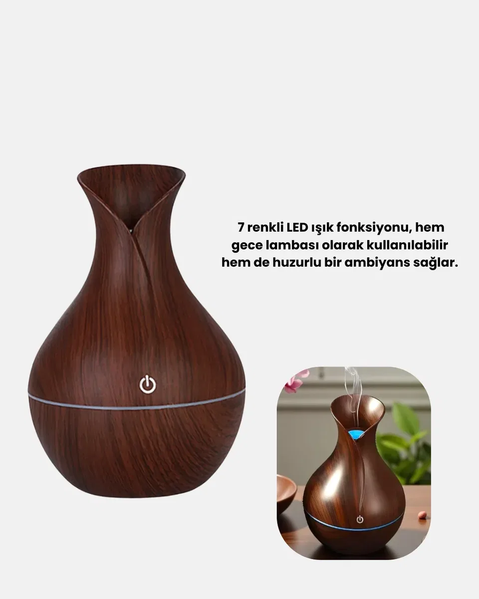 Aromaterapi Difüzör Ahşap Desenli ve Ultrasonik Nemlendirici LED Işıklı görsel 5