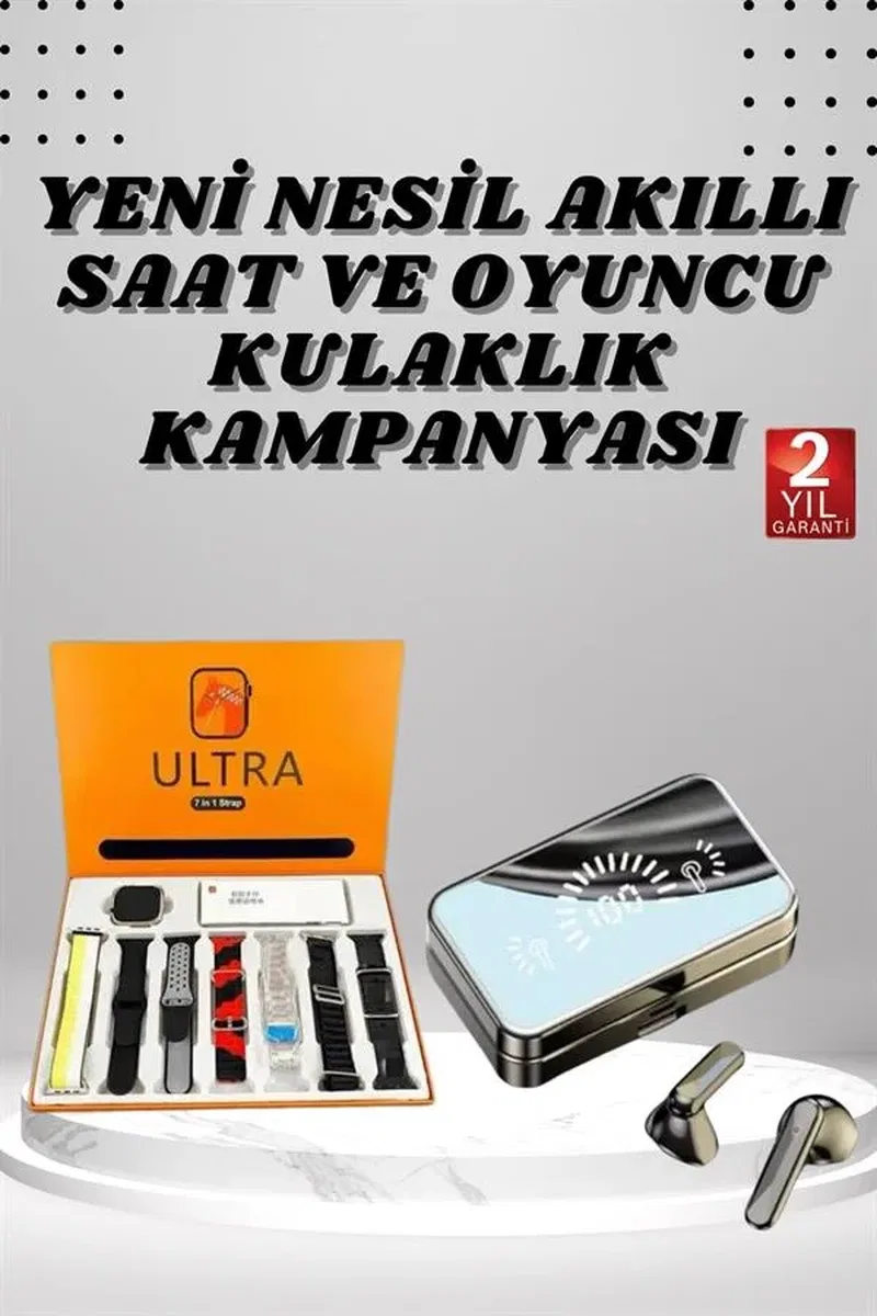 Aynalı Bluetooth Kulaklık ve 7 Kordonlu Akıllı Saat Dijital Göstergeli Uzun Pil Ömrü görsel 2