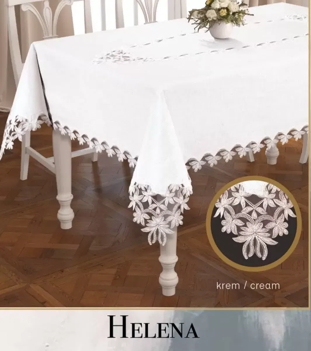 155x260 cm Helena Model Krem Keten Tek Masa Örtüsü Dantelli Yemek Masası görsel 3
