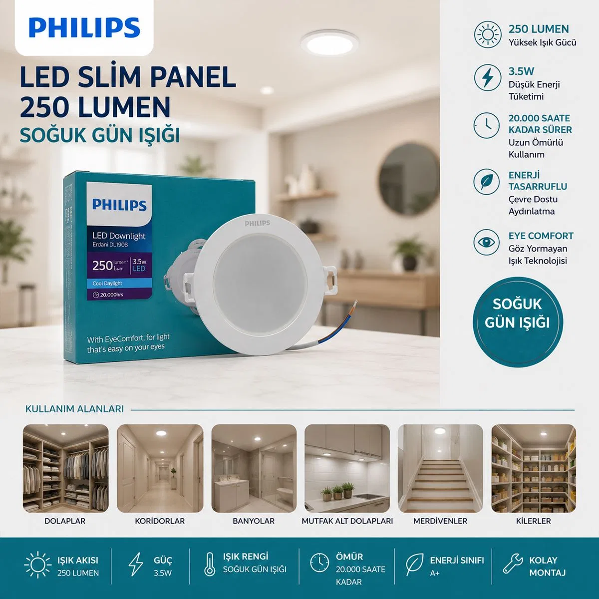 3. 5W Yuvarlak LED Slim Panel - 250 Lumen, Sıva Altı, 20. 000 Saat görsel 2
