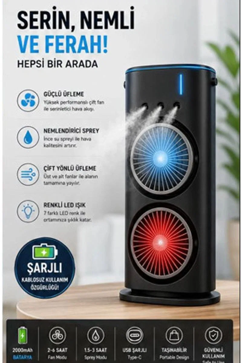 Çift Başlıklı Sprey Fan Nemlendirici Ve Renkli Led Işıklı Siyah görsel 3