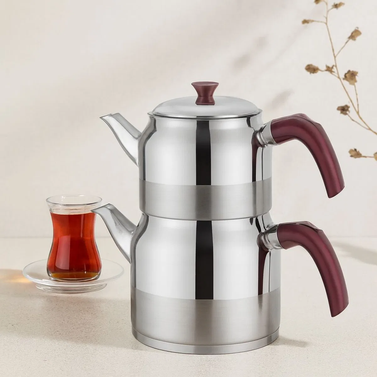 Çelik Çaydanlık Seti Aile Boy 1. 5L + 3L Kendinden Süzgeçli