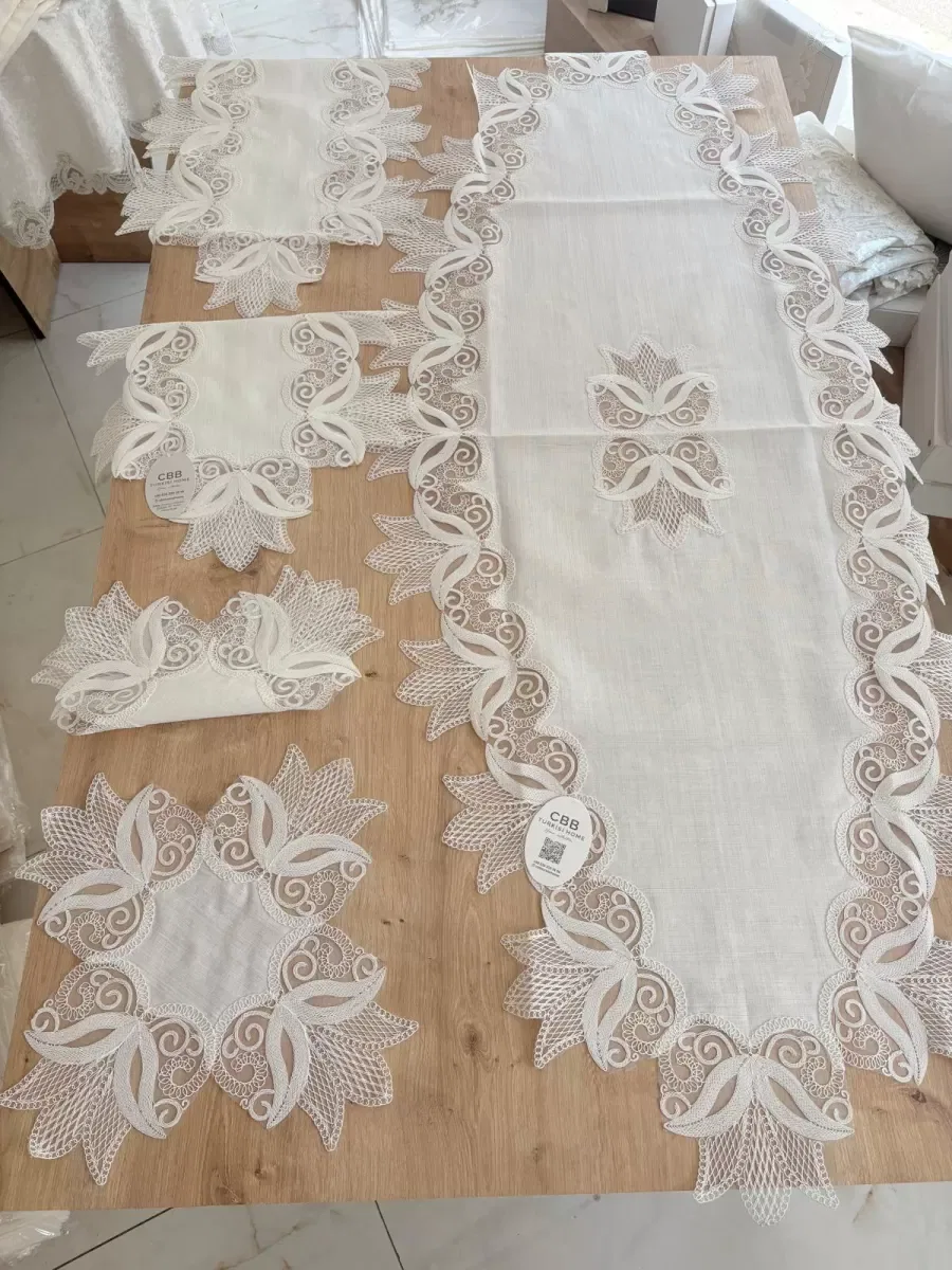 Salon Takımı Çeyizlik Kreme Krem Runner Set 5 Parça Keten Ranır Masa Konsol Sehpa Örtüsü Kayla görsel 3