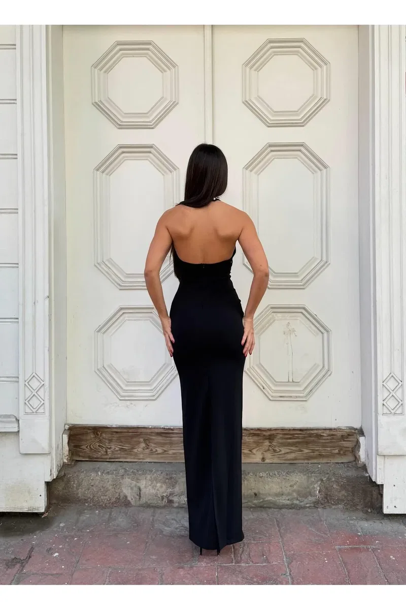 Kadın İnce İşçilik Krep Balıkçı Yaka Uzun Kol Elbise görsel 2