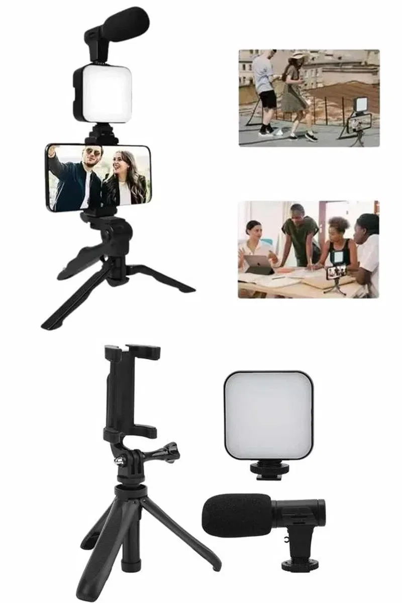 Telefon Tutucu Mini Mikrofonlu Tripod Vlog Çekim Video görsel 4