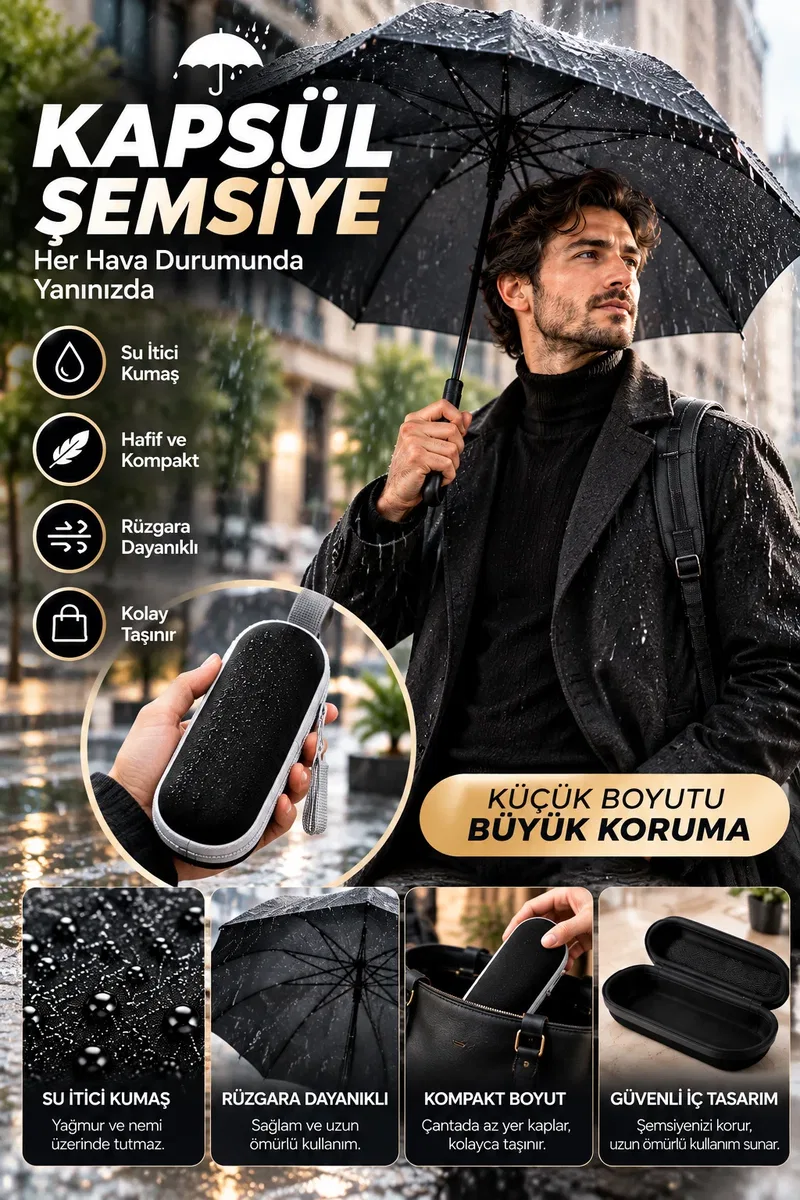 Kapsül Şemsiye Siyah Su İtici Kumaş Rüzgara Dayanıklı Hafif ve Taşınabilir Tasarım