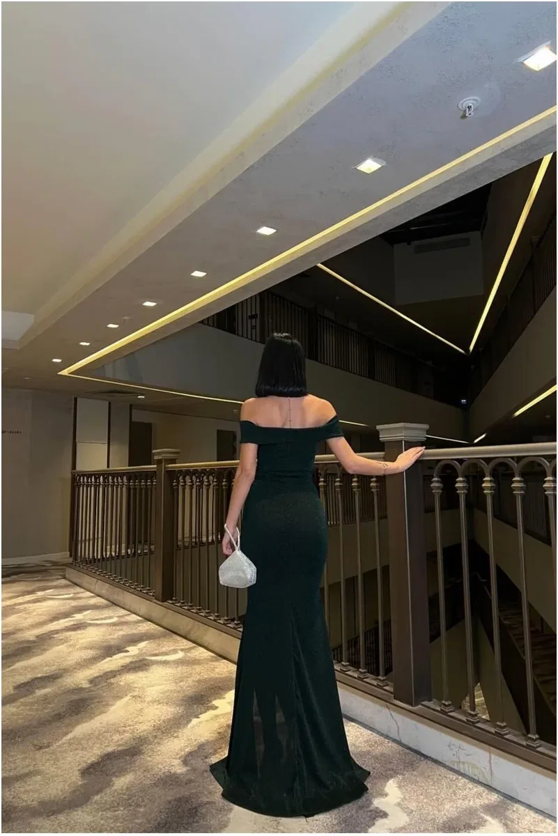 Kadın Bohem Kayık Yaka Balık Kesim Abiye Elbise görsel 6