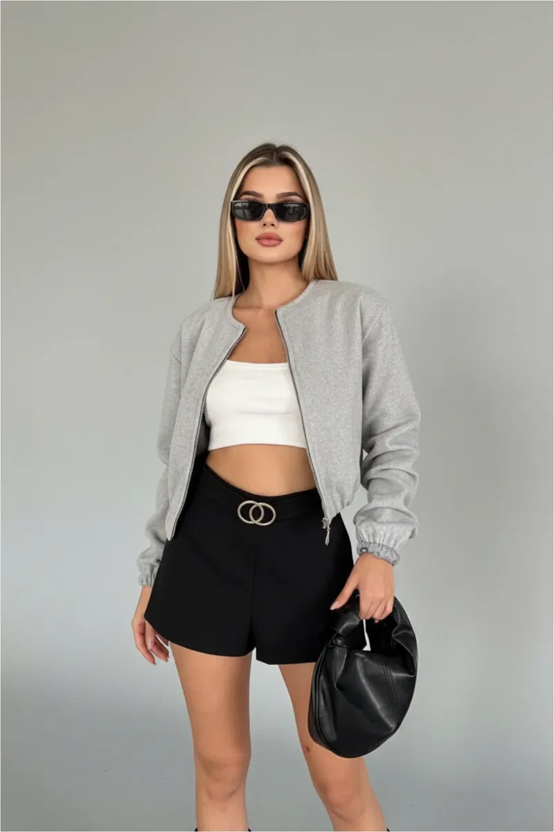 Kadın Şık Koyu Gri Basic Fermuarlı Crop Bomber Ceket görsel 5