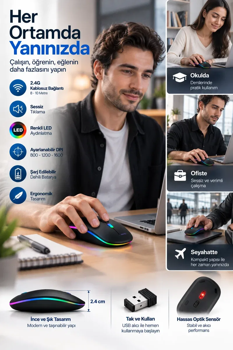 Ofis Ev Okul Kullanımına Uygun Şarjlı Kablosuz Mouse