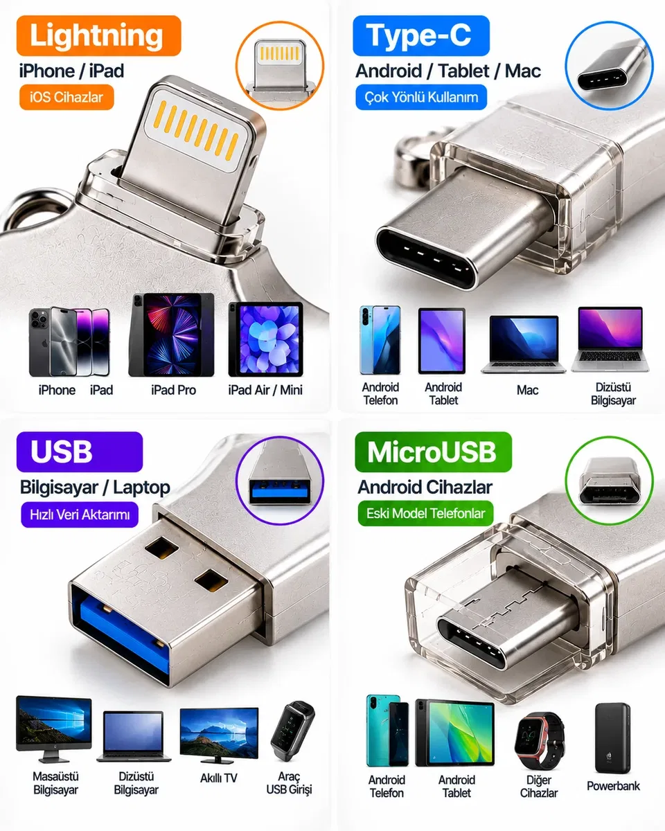 128GB 4’lü Girişli Flash Bellek Lightning Type-C USB-A MicroUSB Telefon Tablet Bilgisayar Uyumlu görsel 6