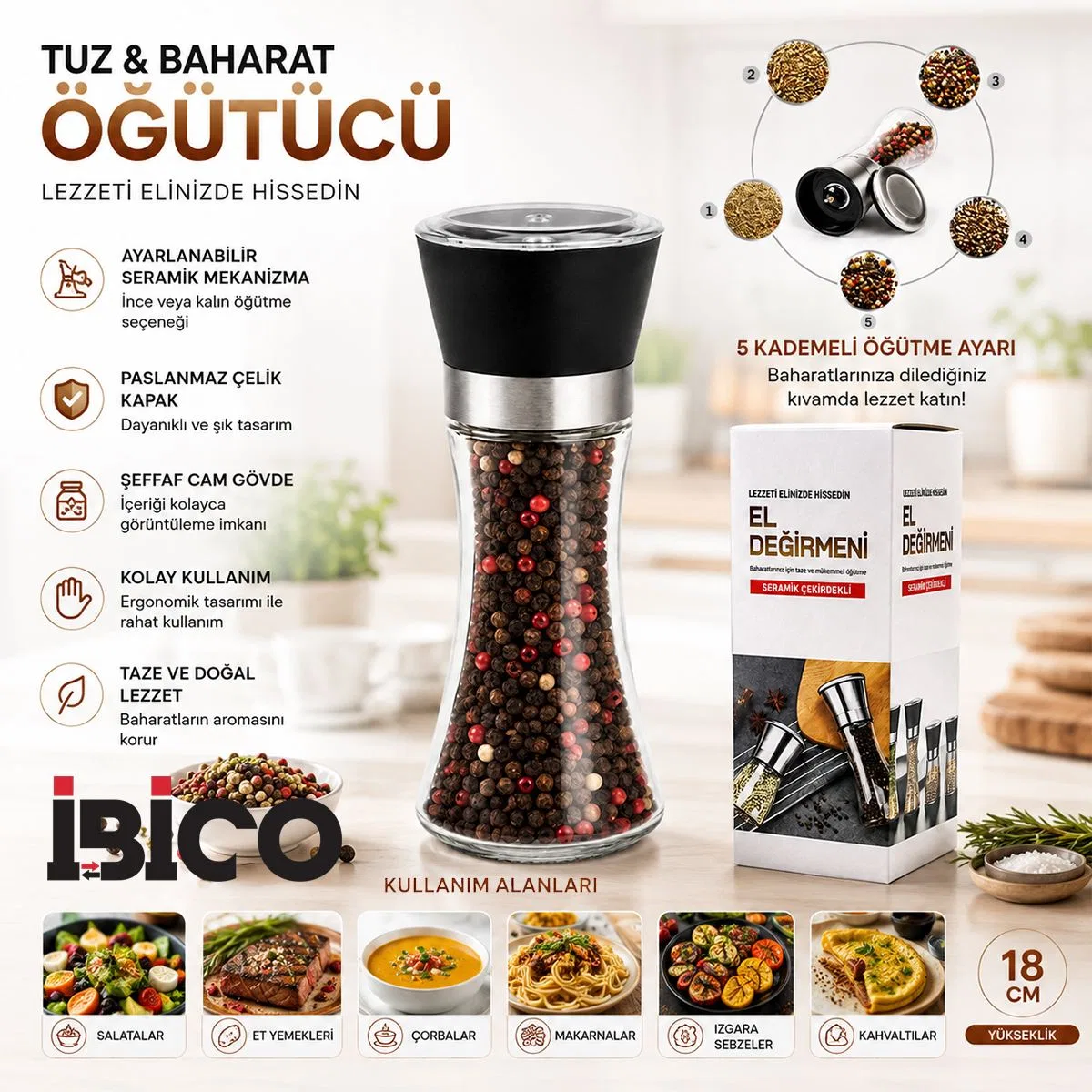 Büyük Cam Hazneli Tuz ve Baharat Öğütücü görsel 3
