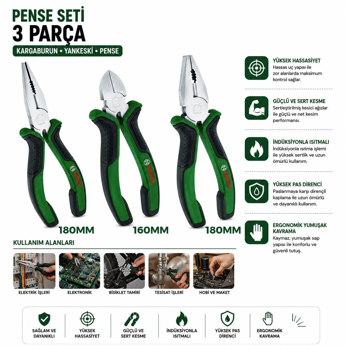 3 Parça Pense Seti - 7 inç Pense, 6 inç Yan Keski, 7 inç Kargaburnu (60± Kesme Sertliği) görsel 2