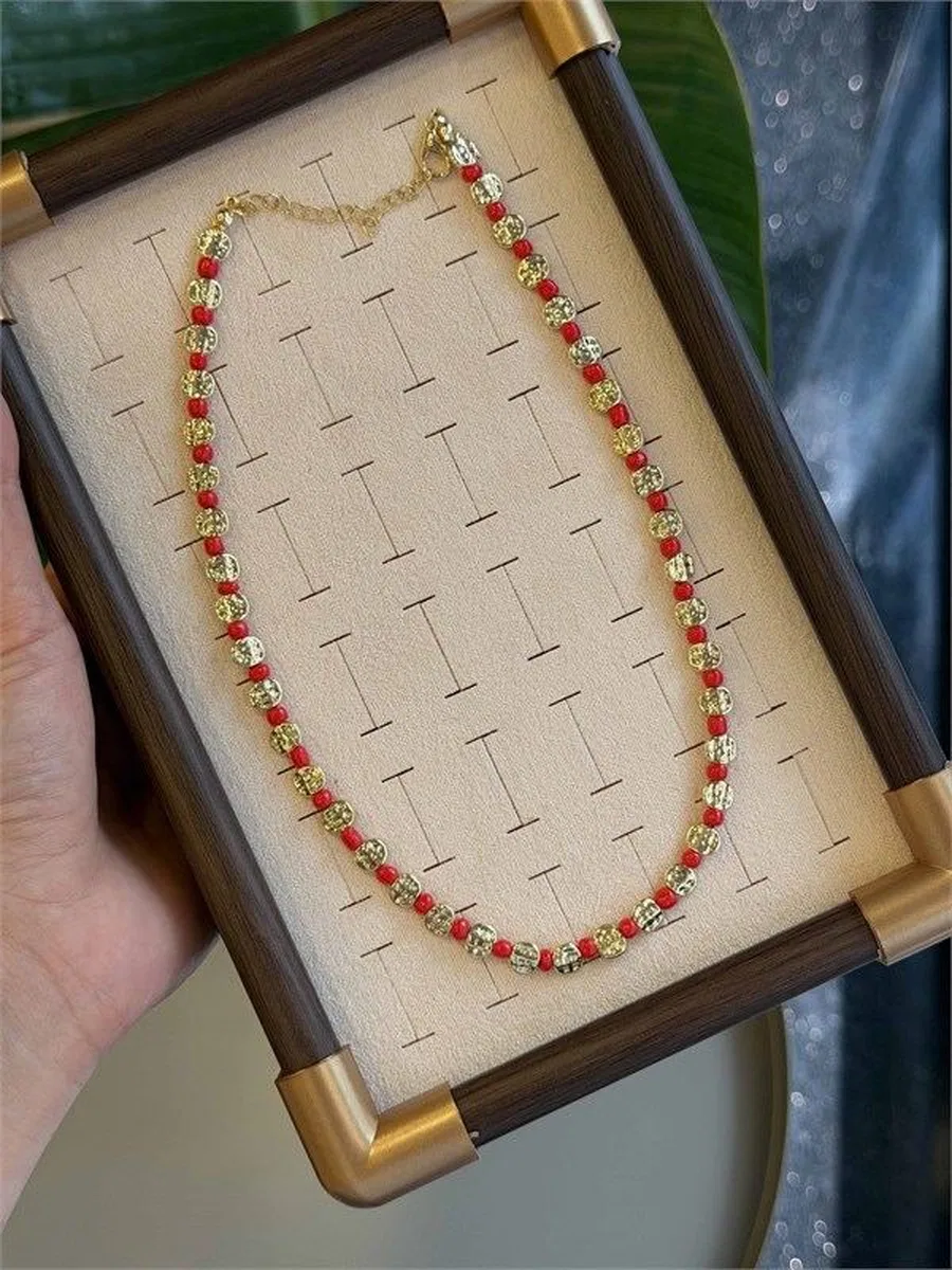Boncuklu Pul Kolye - Kırmızı görsel 2