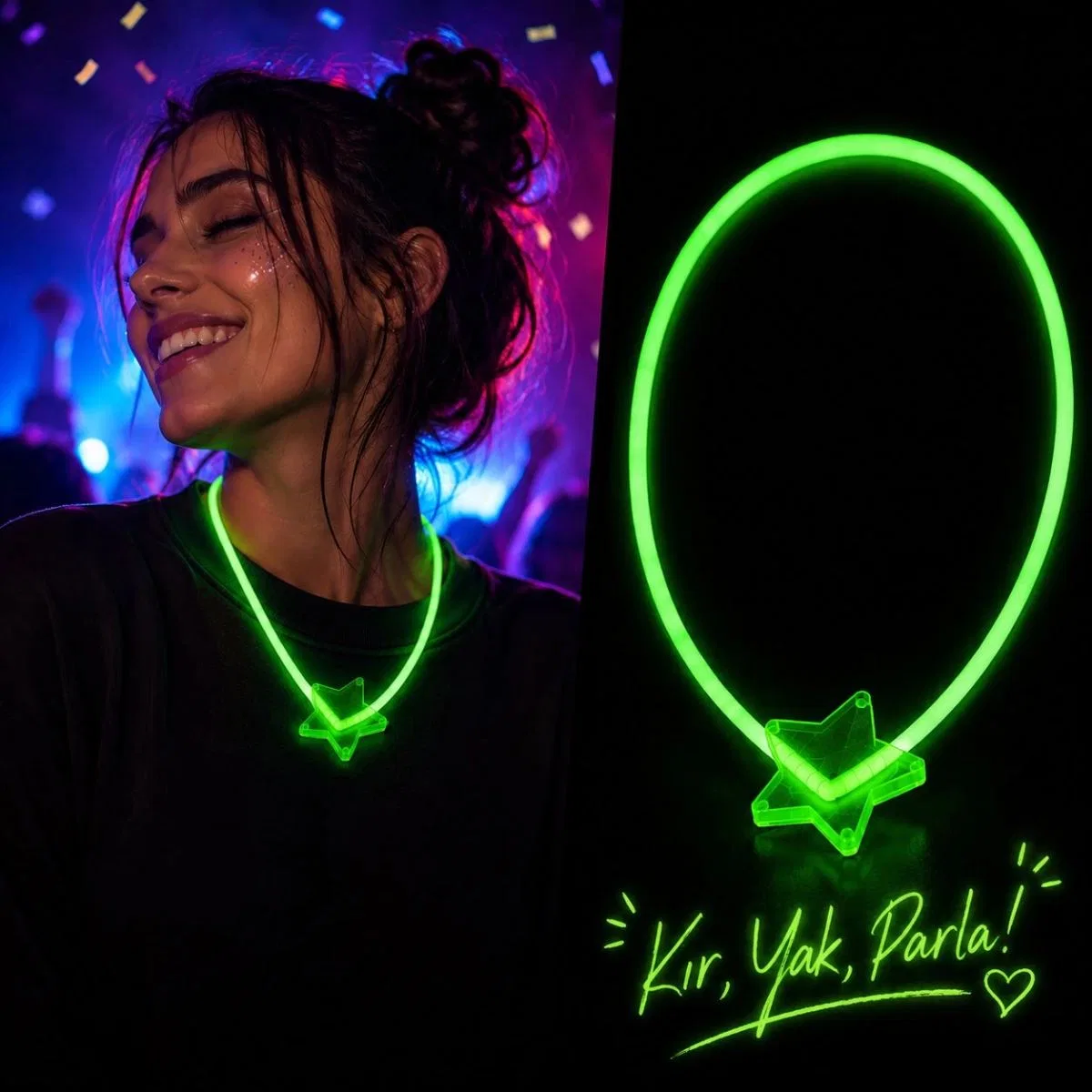 Glow Kolye Neon Fosforlu Işıklı Kolye Yeşil Renk