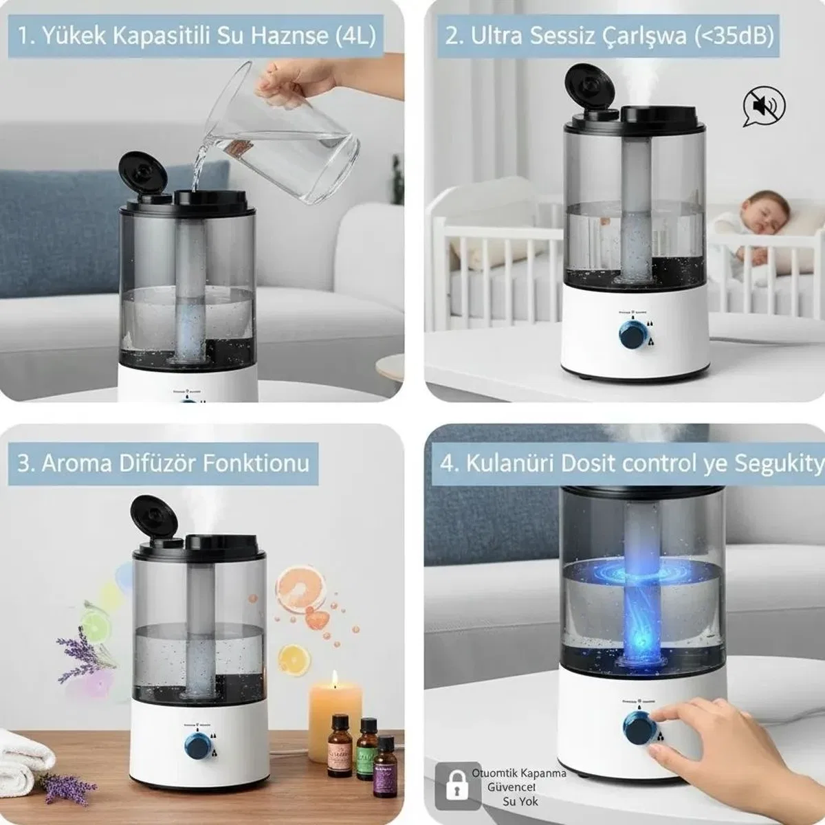 Rbh-04 Ultrasonik Hava Nemlendirici 4 Litre Buhar Makinesi Aroma Difüzörü - Otomatik Kapanma görsel 5