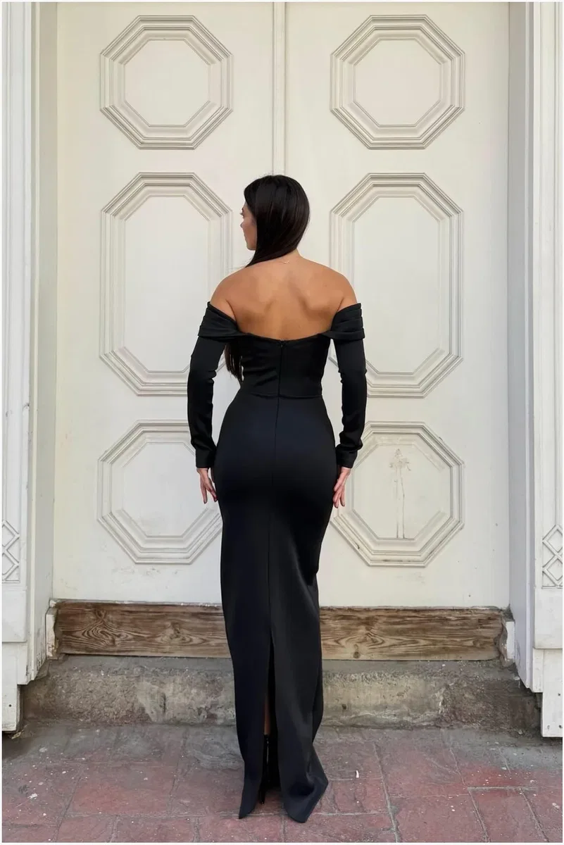 Kadın Modern Dik Yaka Payetli Maxi Uzun Kollu Abiye Elbise görsel 6