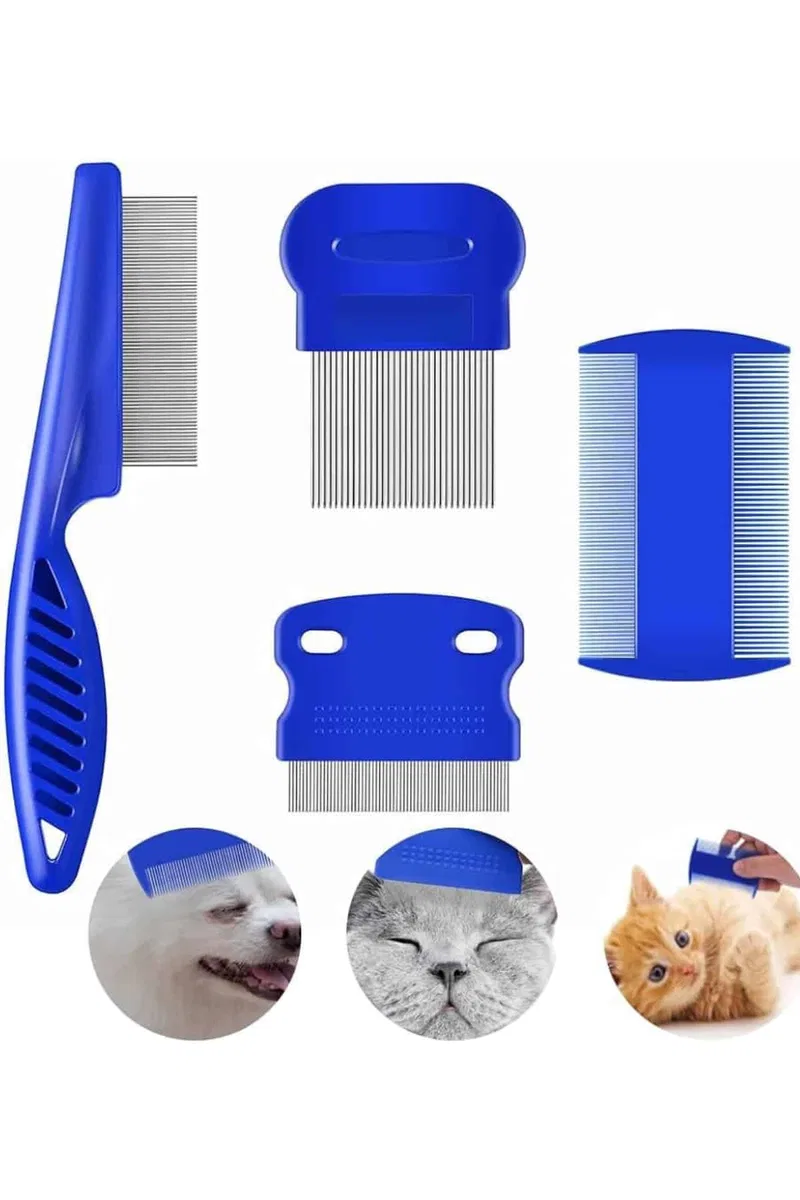 4'lü Bit Pire Tarağı Set Kedi Köpek Evcil Hayvan Tüy Toplayıcı Mavi görsel 2