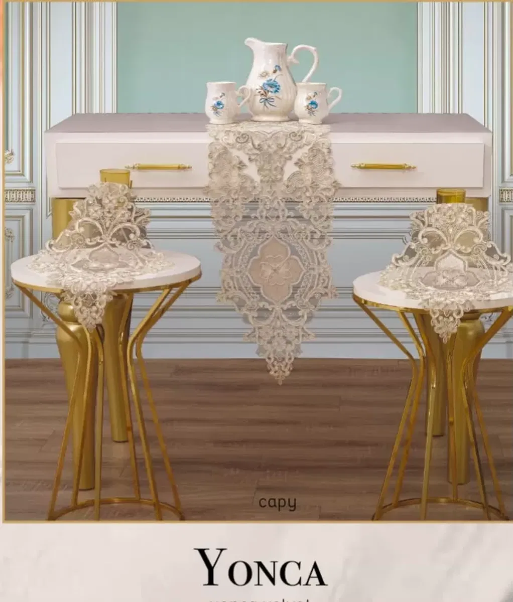Salon Takımı 3 Parça Velvet Kadife Dantelli Masa Örtüsü Runner Seti Yonca Model - Kapiçino görsel 2