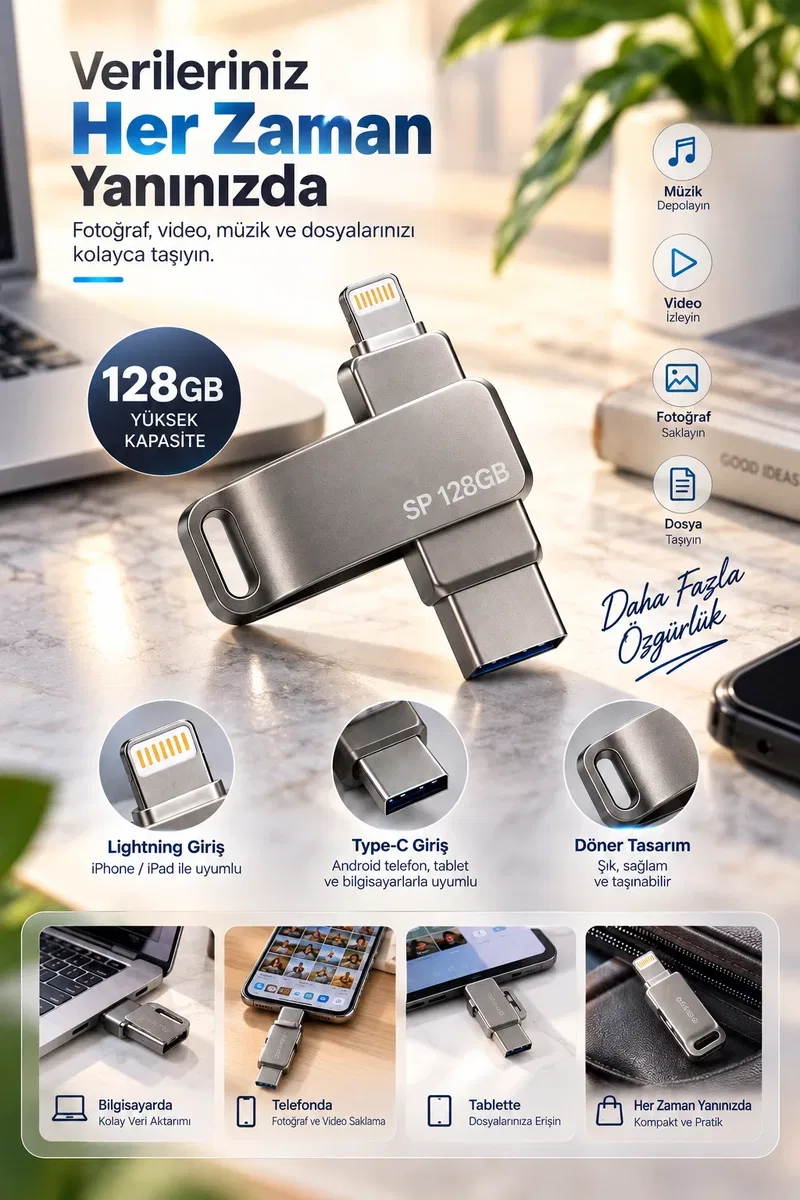 Döner Tasarımlı 128GB Lightning Type C USB Flash Bellek Telefon Tablet ve Bilgisayar Uyumlu