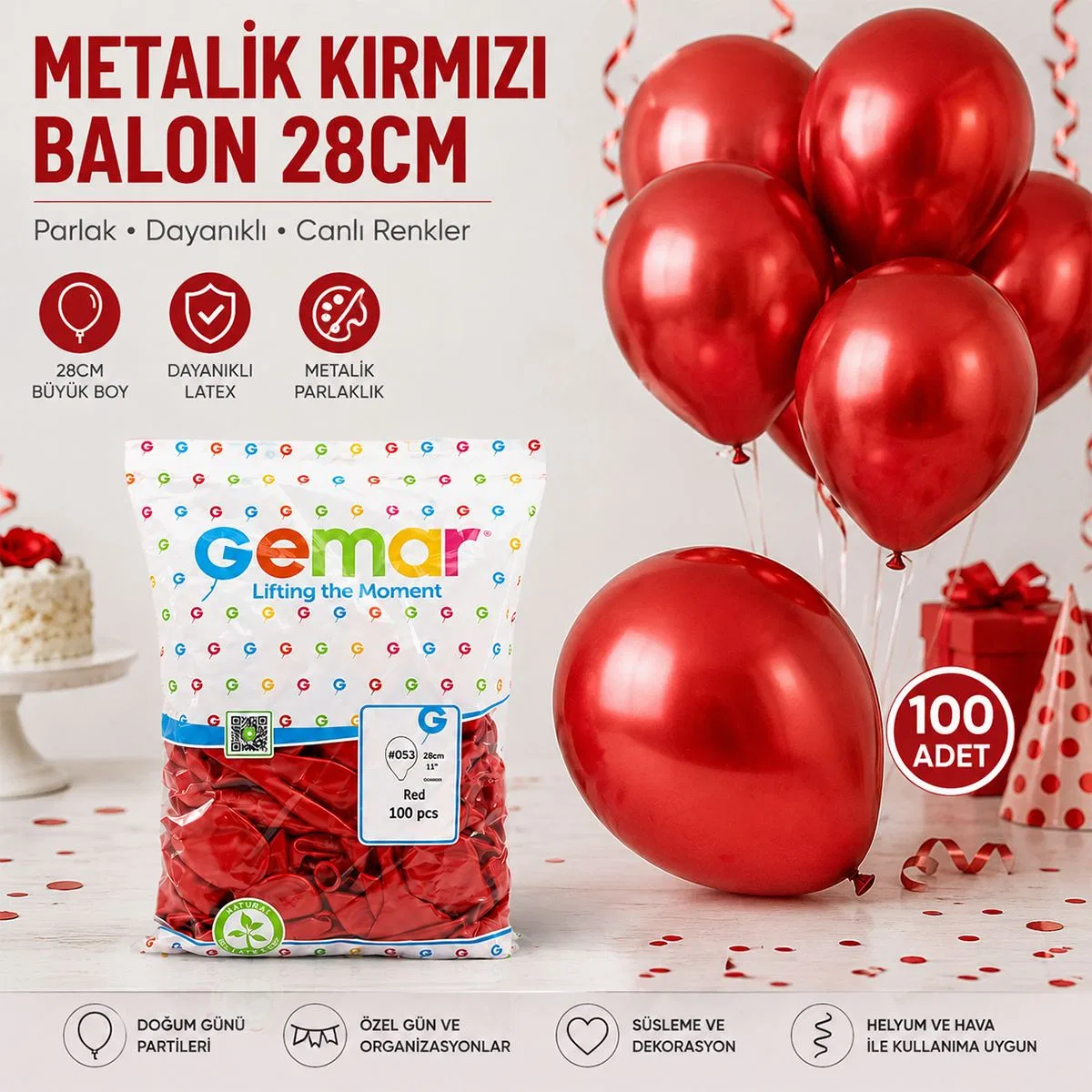 Metallic Kırmızı Balon 11'' (28 cm) - 100'lü Paket görsel 3